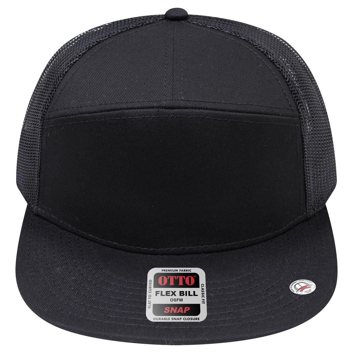 Front View of 003 - Black OTTO CAP "OTTO SNAP" 7 Panel Pro Style Mesh Back Trucker Snapback Hat