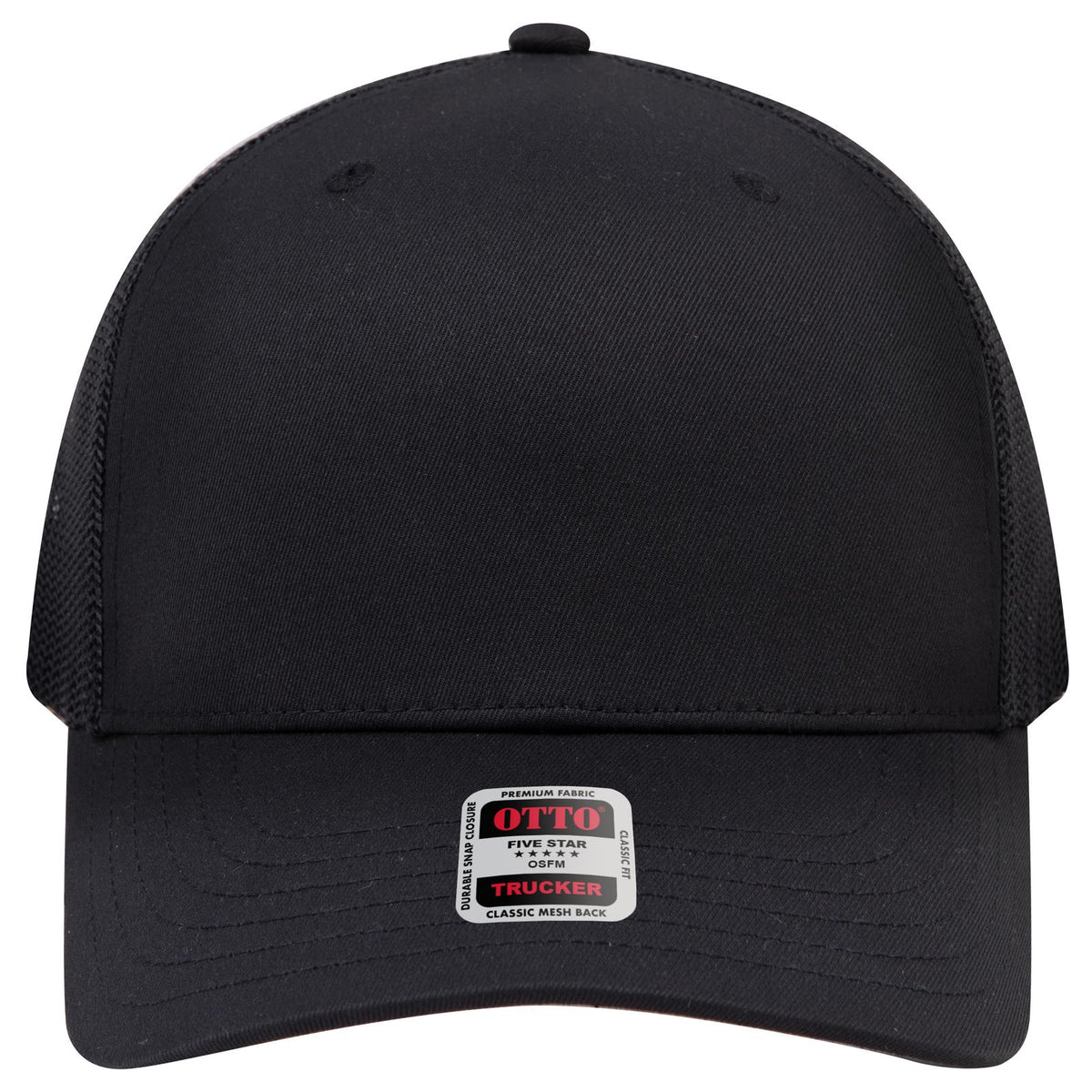 Front View of 003 - Black OTTO CAP Seamless 6 Panel Mid Profile Mesh Back Trucker Hat