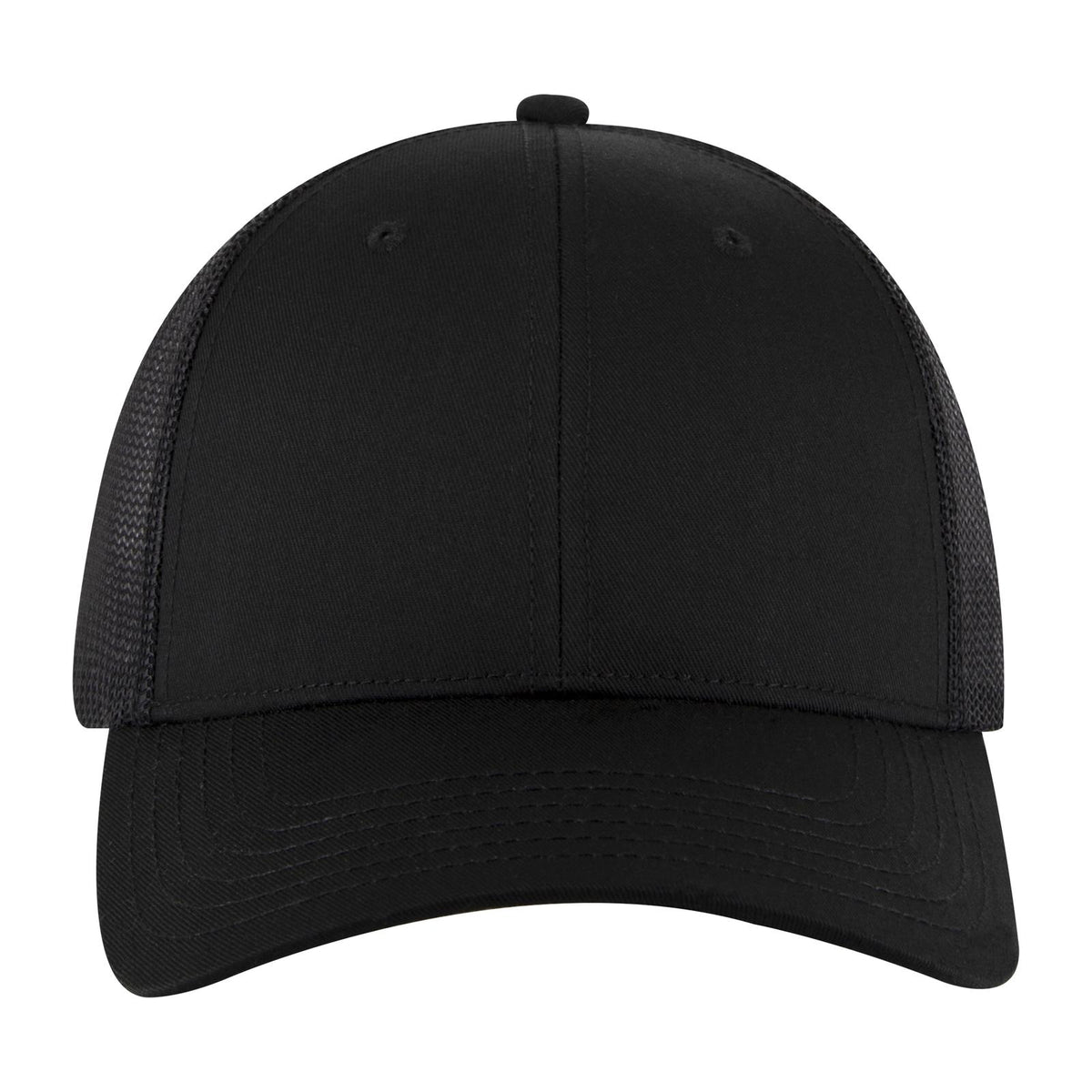 Front View of 003A - Black OTTO CAP 6 Panel Low Profile Mesh Back Trucker Hat