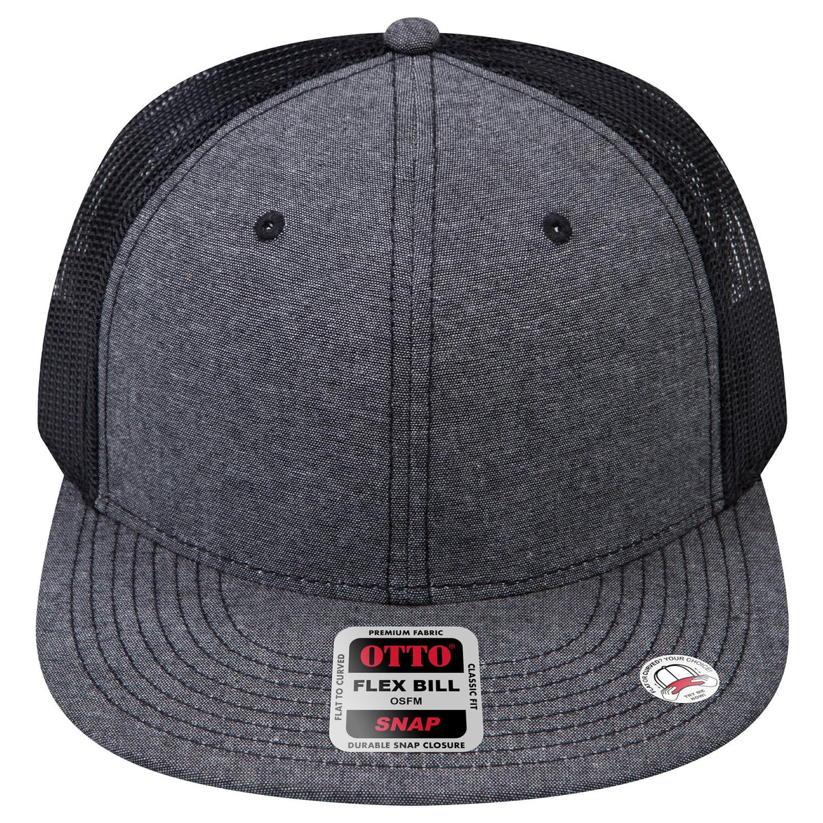 Front View of 003A - Black OTTO CAP "OTTO SNAP" 6 Panel Pro Style Mesh Back Trucker Snapback Hat