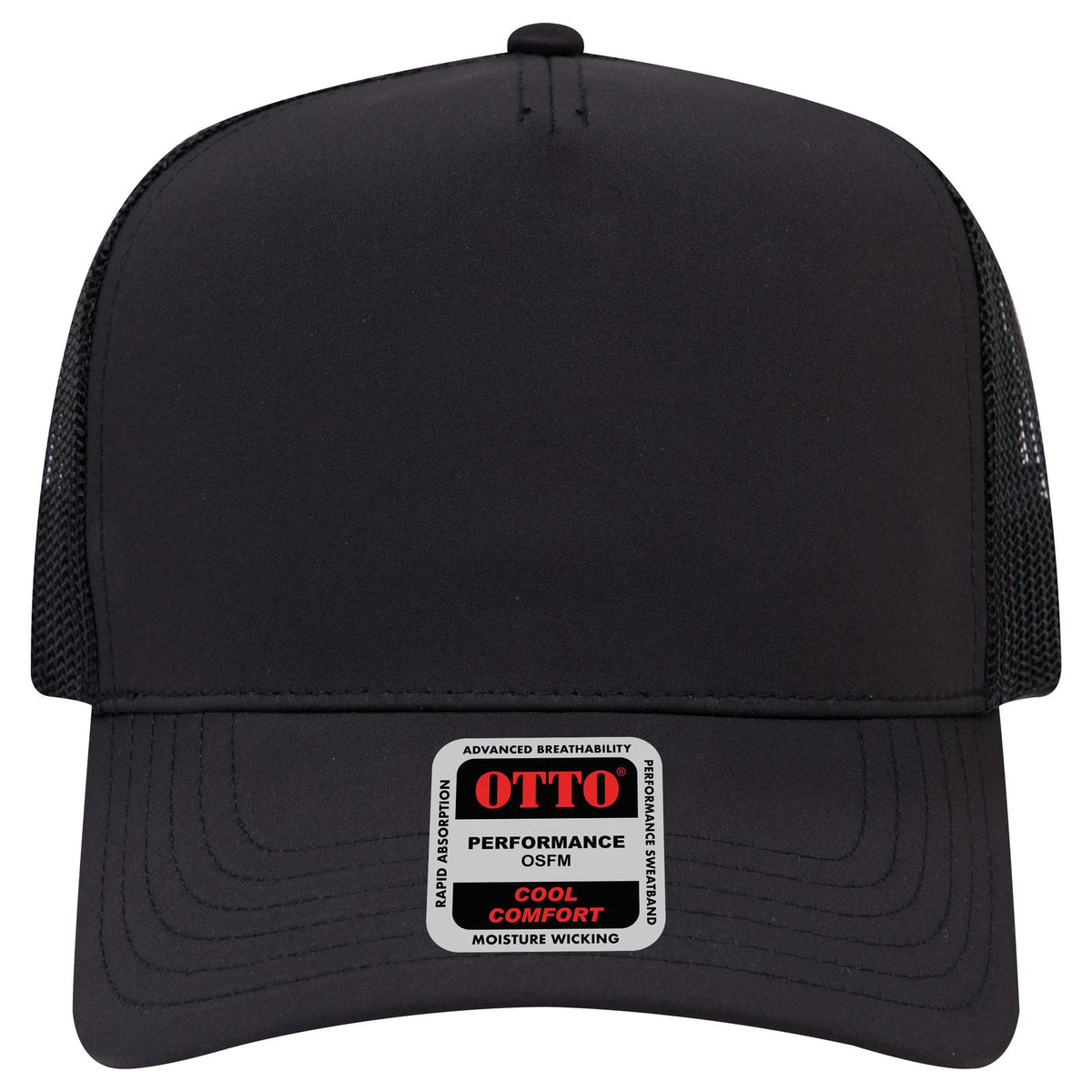 Front View of 003B - Black OTTO CAP 5 Panel Mid Profile Mesh Back Trucker Hat