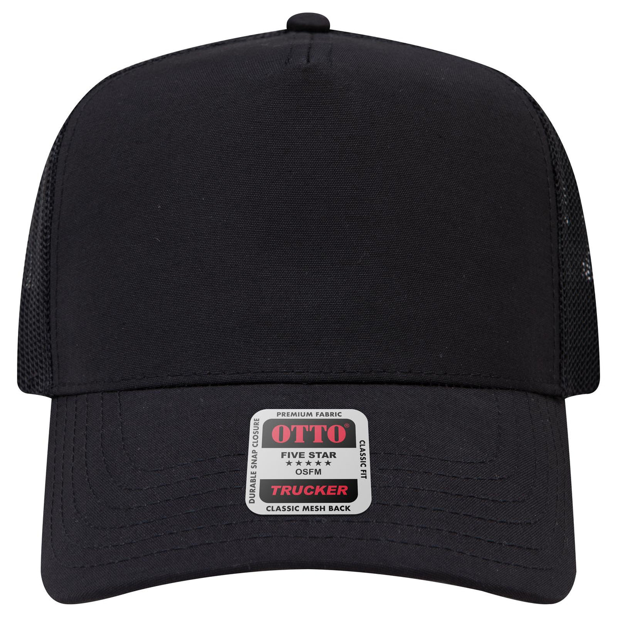Front View of 003B - Black OTTO CAP 5 Panel Mid Profile Mesh Back Trucker Hat