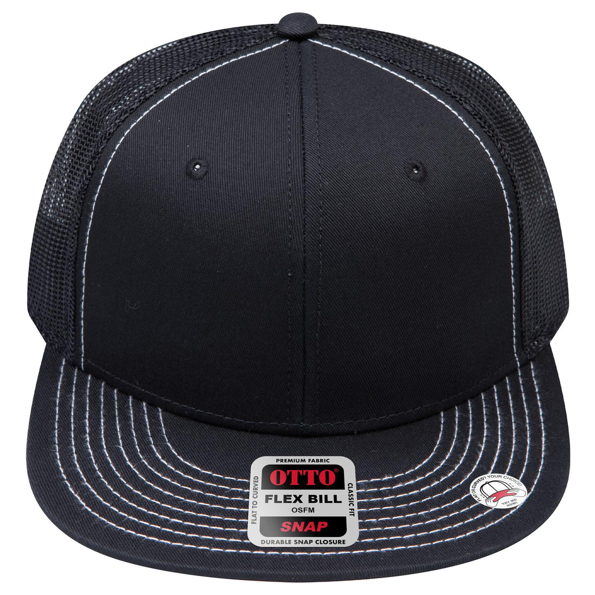 Front View of 003B - Black OTTO CAP "OTTO SNAP" 6 Panel Pro Style Mesh Back Trucker Snapback Hat