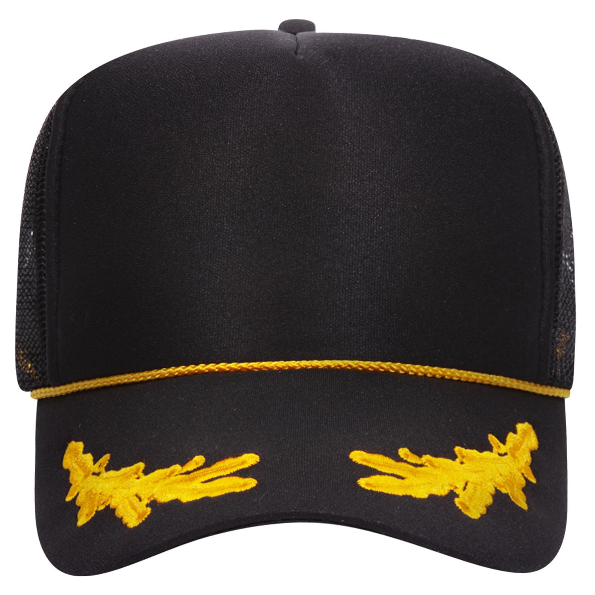 Front View of 003G - Blk/Gld OTTO CAP 5 Panel High Crown Mesh Back Trucker Hat