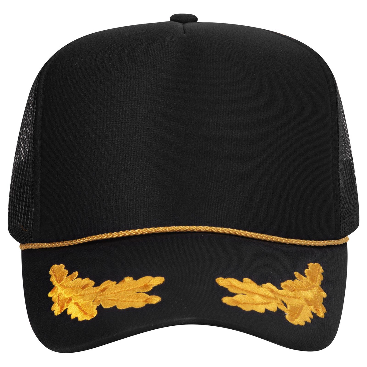 Front View of 003M - Blk/Gld OTTO CAP 5 Panel High Crown Mesh Back Trucker Hat