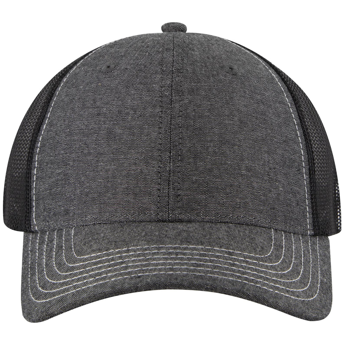 Front View of 003V - Blk OTTO CAP 6 Panel Low Profile Mesh Back Trucker Hat