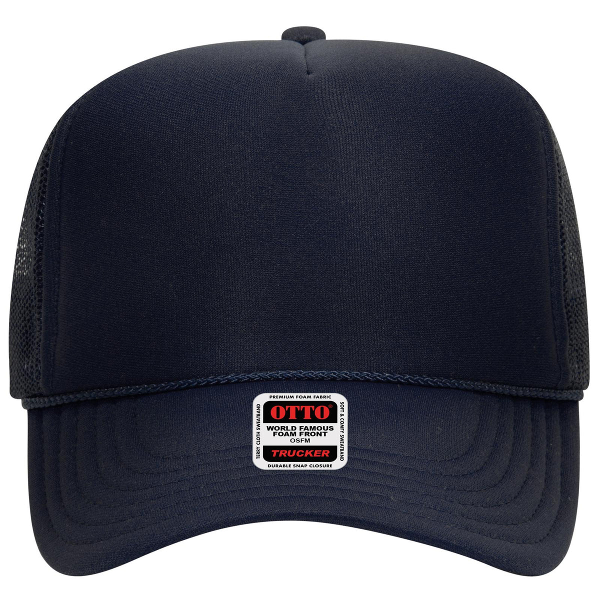 Front View of 004 - Navy OTTO CAP 5 Panel High Crown Mesh Back Trucker Hat