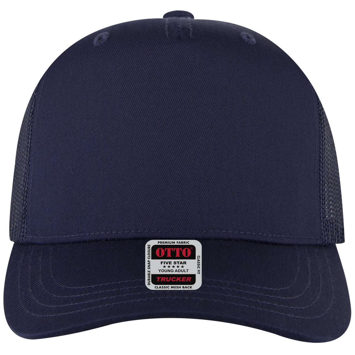 Front View of 004 - Navy OTTO CAP 5 Panel Mid Profile Mesh Back Trucker Hat