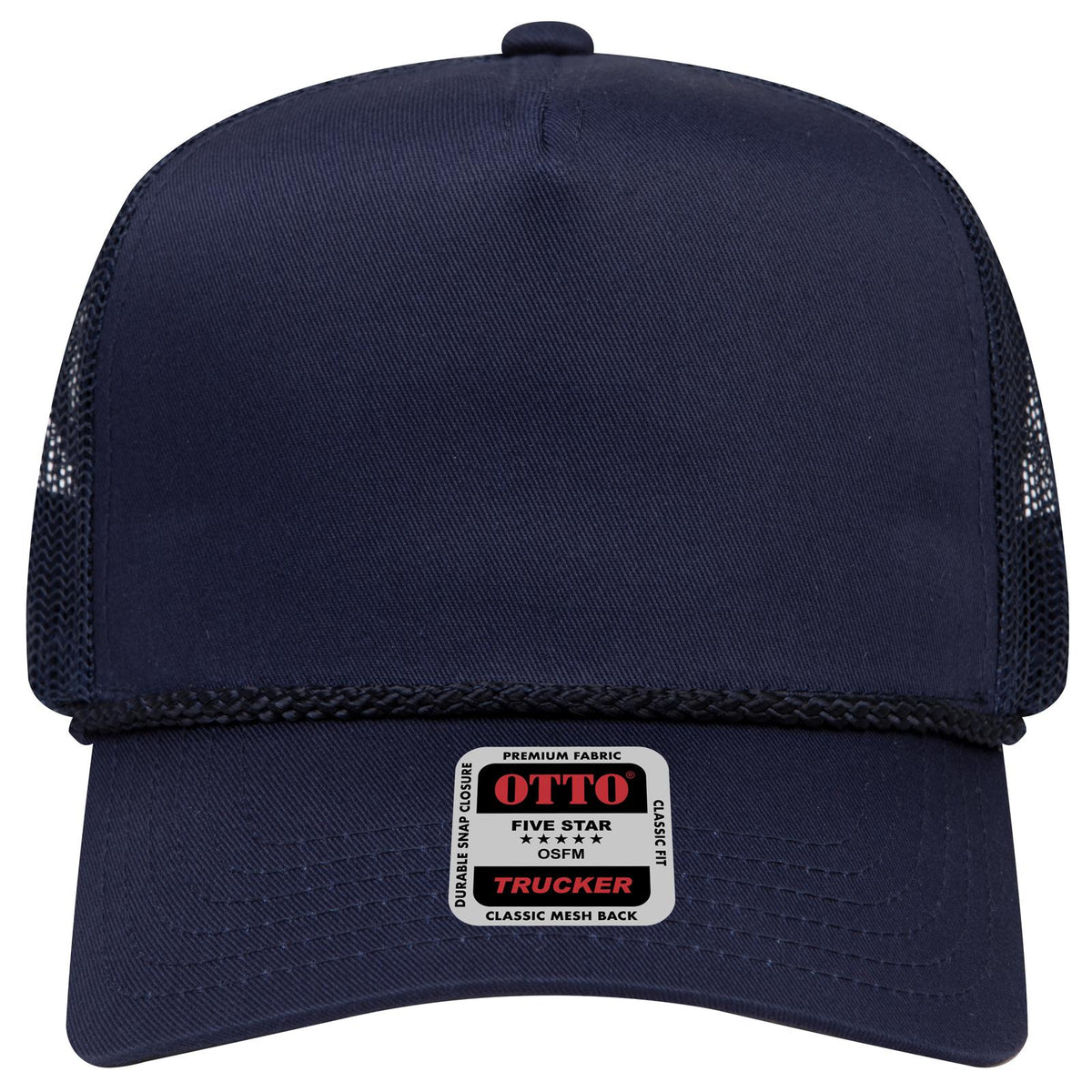 Front View of 004 - Navy OTTO CAP 5 Panel Mid Profile Mesh Back Trucker Hat