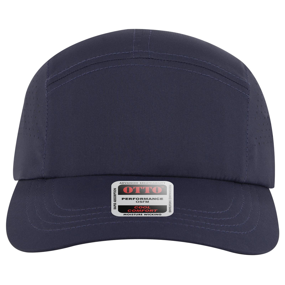 Front View of 004 - Navy OTTO CAP 5 Panel Running Hat w/ Elastic Soft Visor