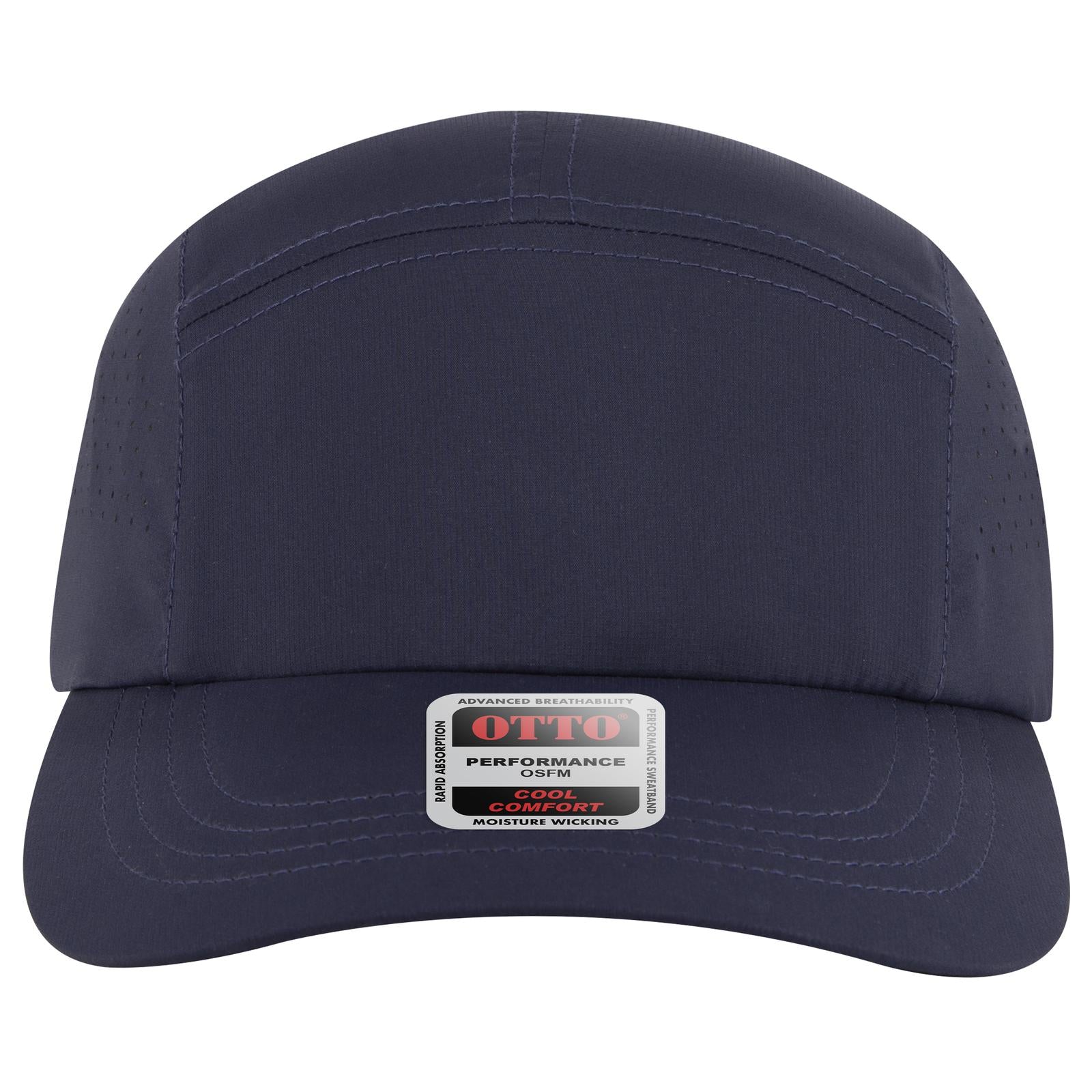 Front View of 004 - Navy OTTO CAP 5 Panel Running Hat w/ Elastic Soft Visor