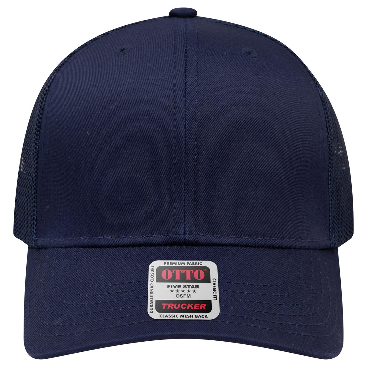 Front View of 004 - Navy OTTO CAP 6 Panel Mid Profile Mesh Back Trucker Hat