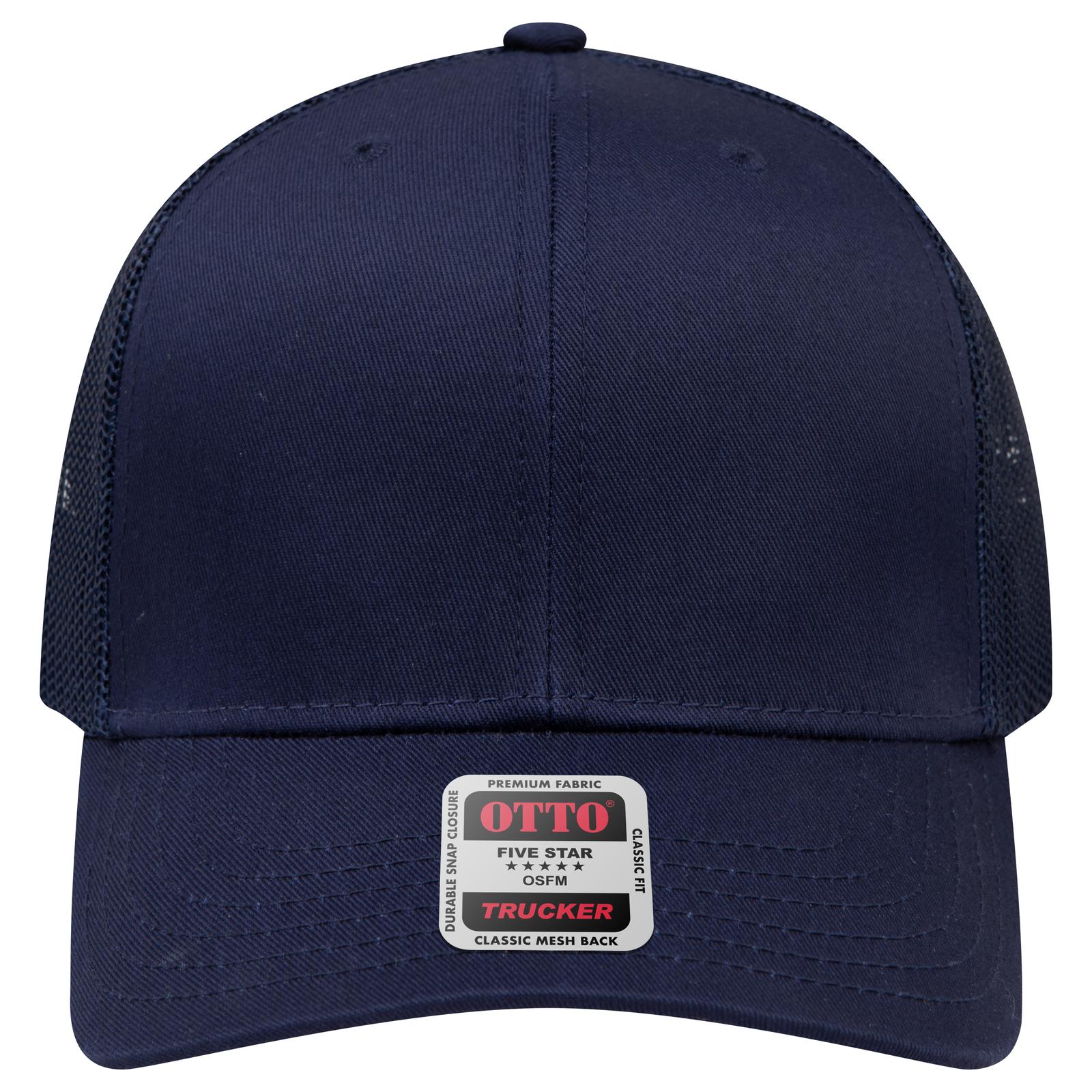 Front View of 004 - Navy OTTO CAP 6 Panel Mid Profile Mesh Back Trucker Hat
