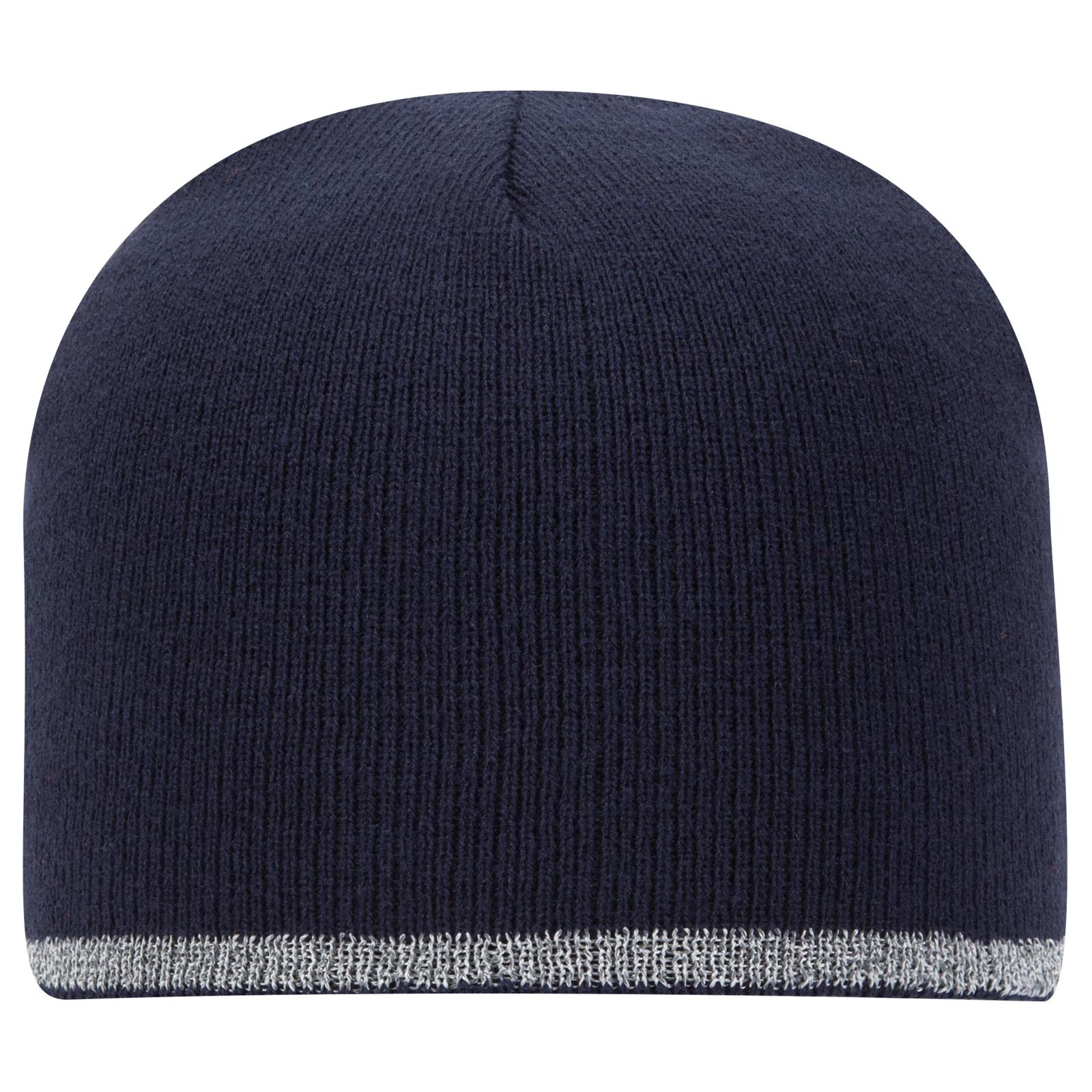 Front View of 004 - Navy OTTO CAP 9" Classic Knit Beanie w/ Reflective Stripe