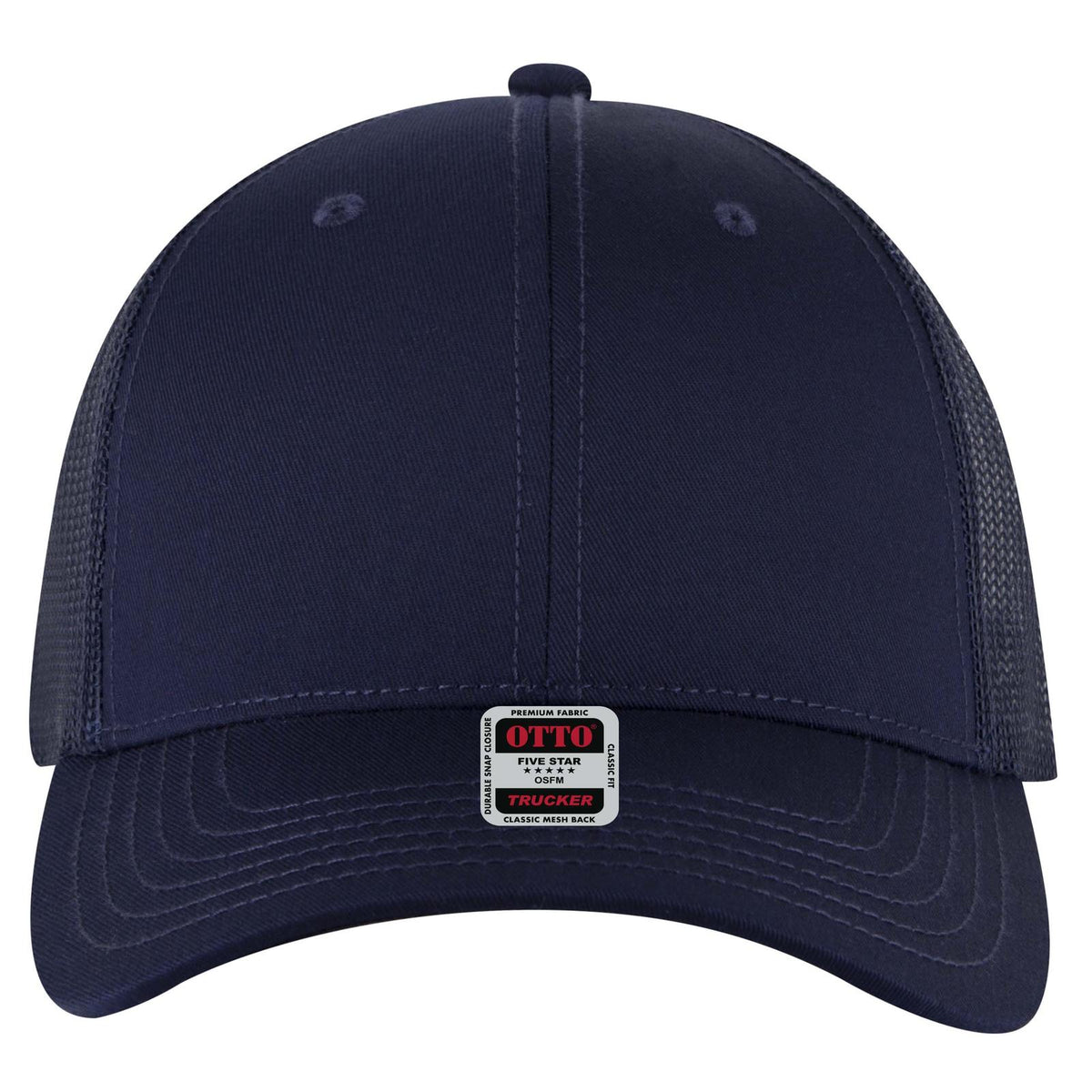Front View of 004A - Navy OTTO CAP 6 Panel Low Profile Mesh Back Trucker Hat