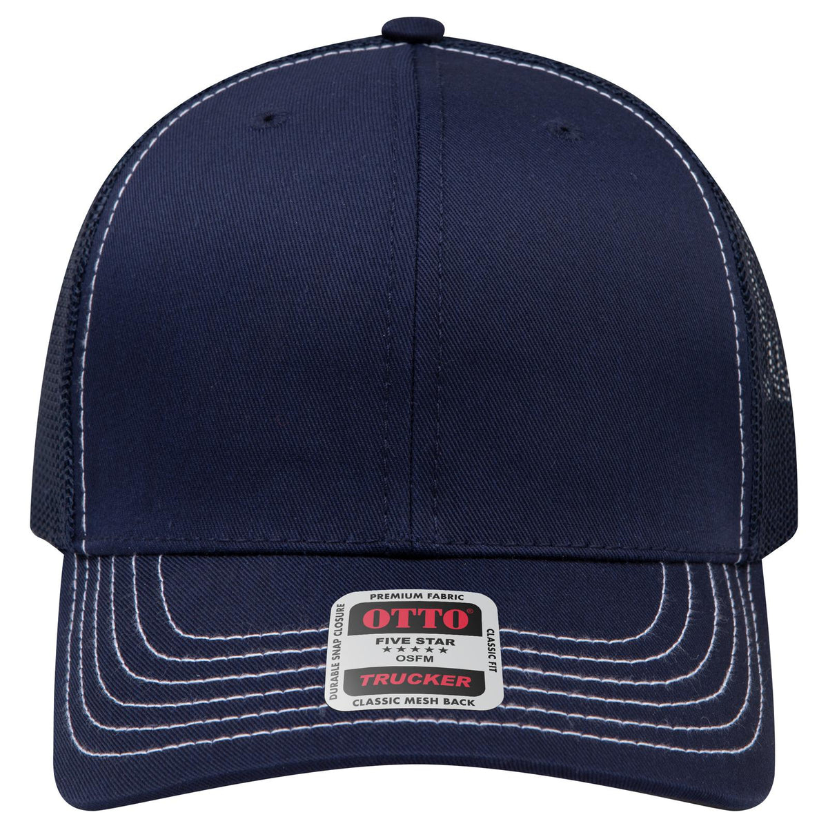 Front View of 004A - Navy OTTO CAP 6 Panel Mid Profile Mesh Back Trucker Hat