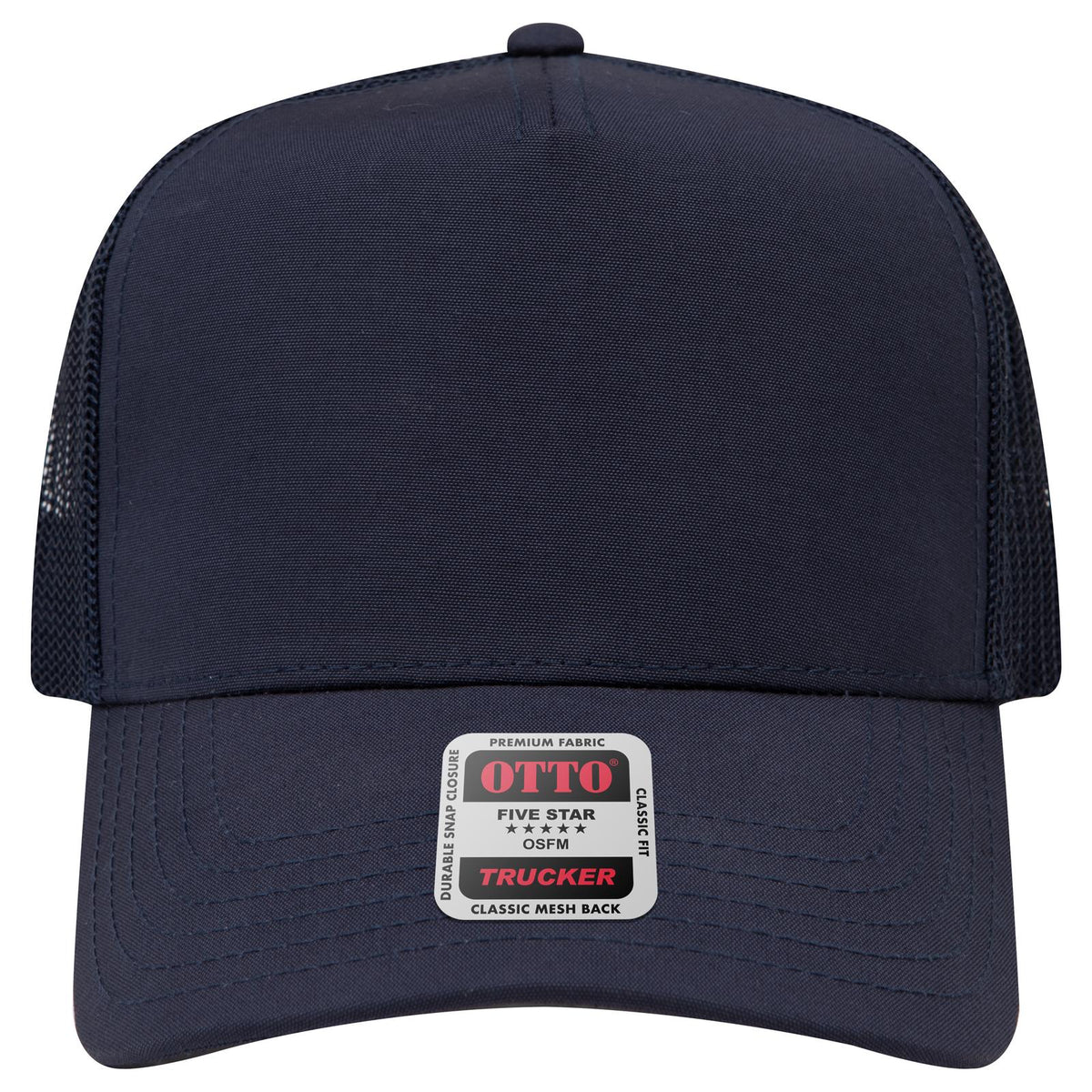 Front View of 004B - Nvy OTTO CAP 5 Panel Mid Profile Mesh Back Trucker Hat
