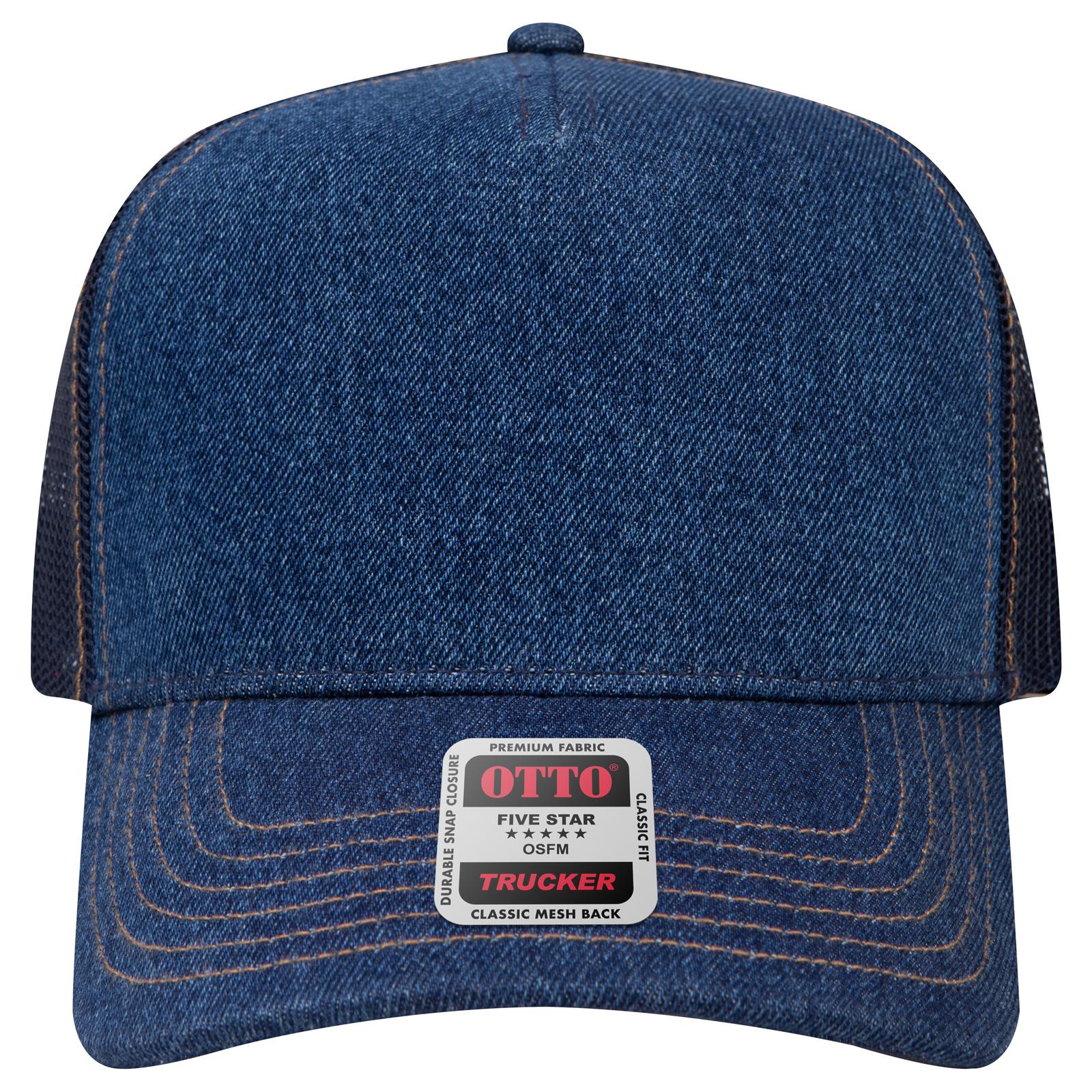 Front View of 004G - Nvy/Gld OTTO CAP 5 Panel Mid Profile Mesh Back Trucker Hat