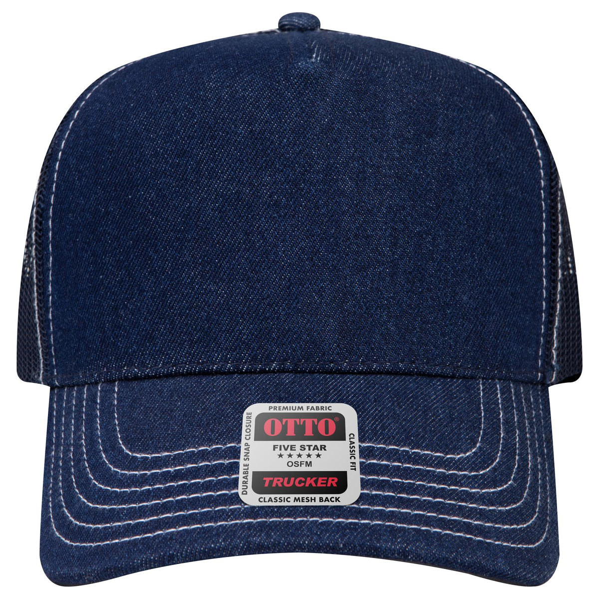 Front View of 004W - Nvy/Wt OTTO CAP 5 Panel Mid Profile Mesh Back Trucker Hat