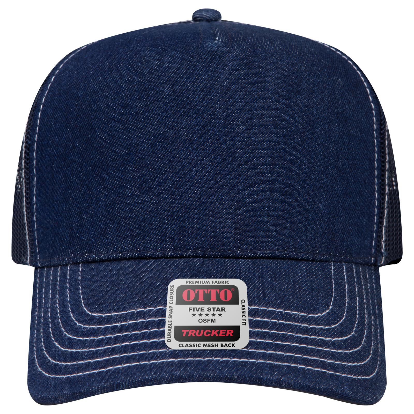 Front View of 004W - Nvy/Wt OTTO CAP 5 Panel Mid Profile Mesh Back Trucker Hat