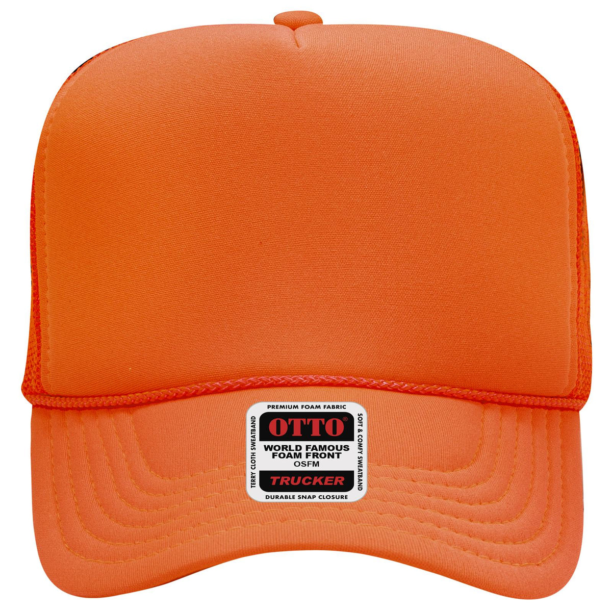 Front View of 009 - N. Orange OTTO CAP 5 Panel High Crown Mesh Back Trucker Hat