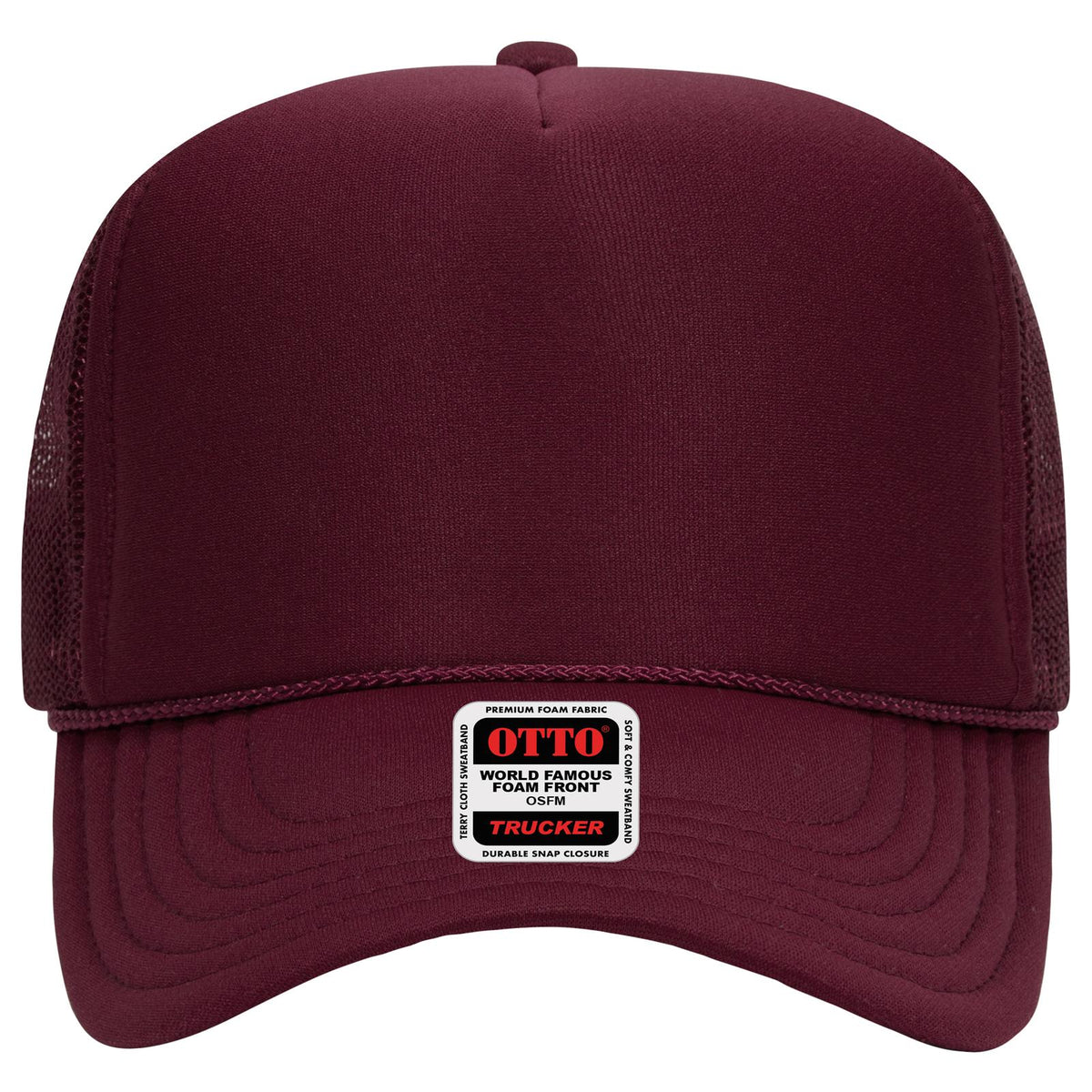 Front View of 010 - Maroon OTTO CAP 5 Panel High Crown Mesh Back Trucker Hat