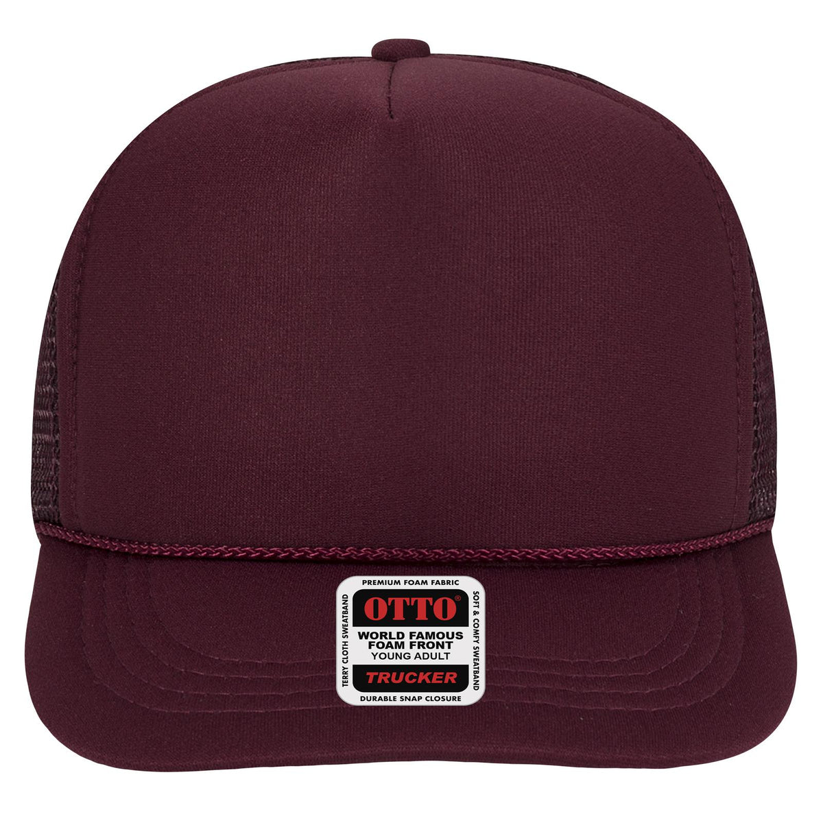 Front View of 010 - Maroon OTTO CAP 5 Panel High Crown Mesh Back Trucker Hat
