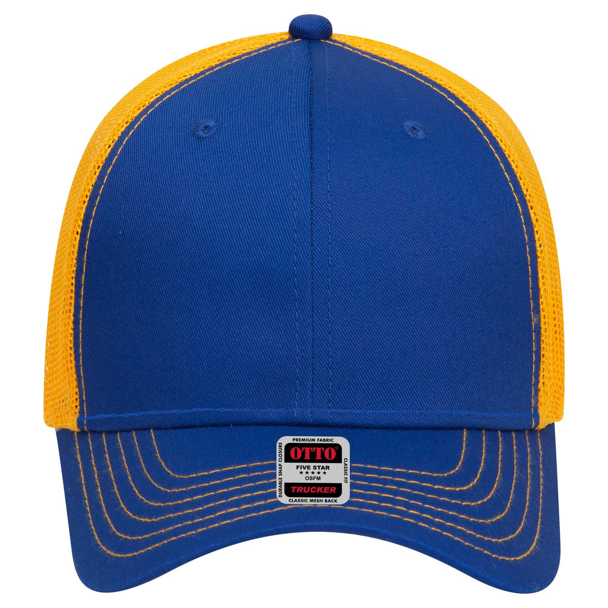 Front View of 010106 - Ryl/Ryl/Gld OTTO CAP 6 Panel Low Profile Mesh Back Trucker Hat