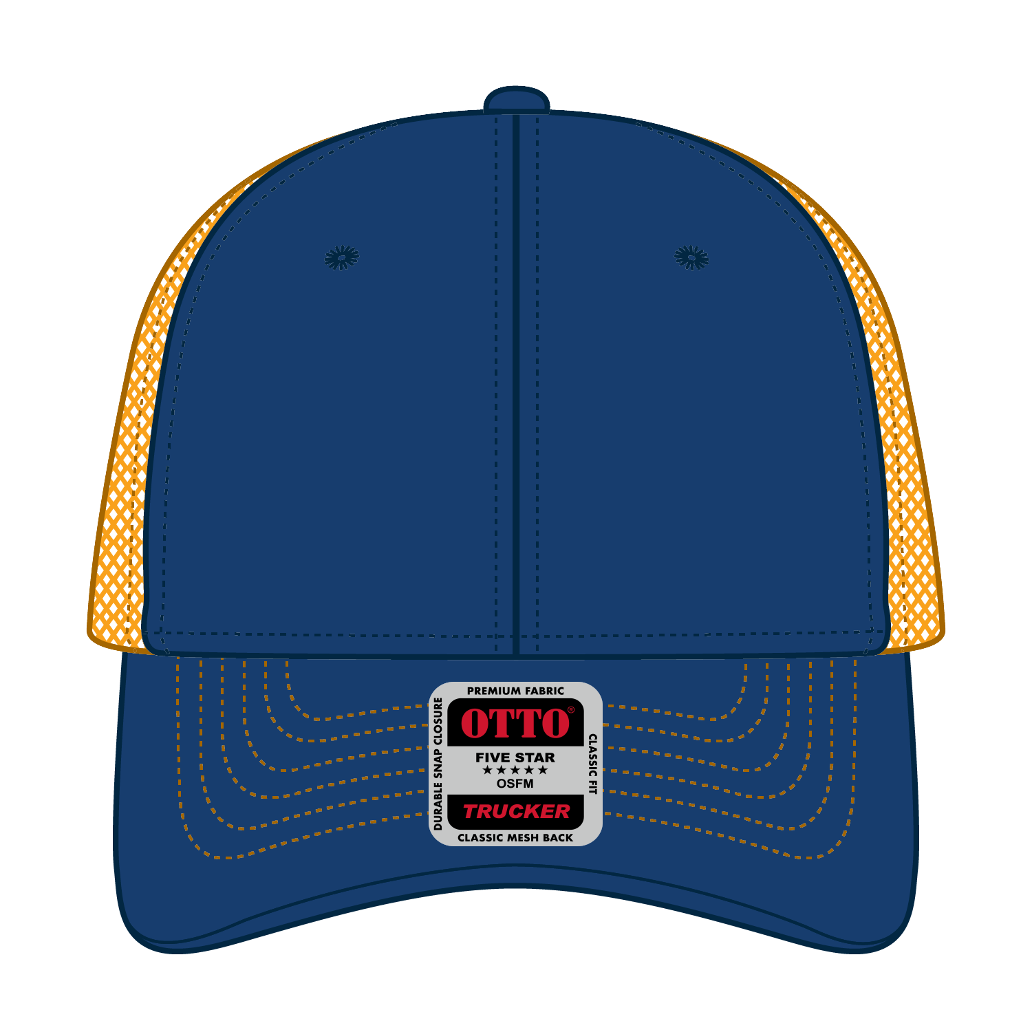 Front View of 010106 - Ryl/Ryl/Gld OTTO CAP 6 Panel Low Profile Mesh Back Trucker Hat