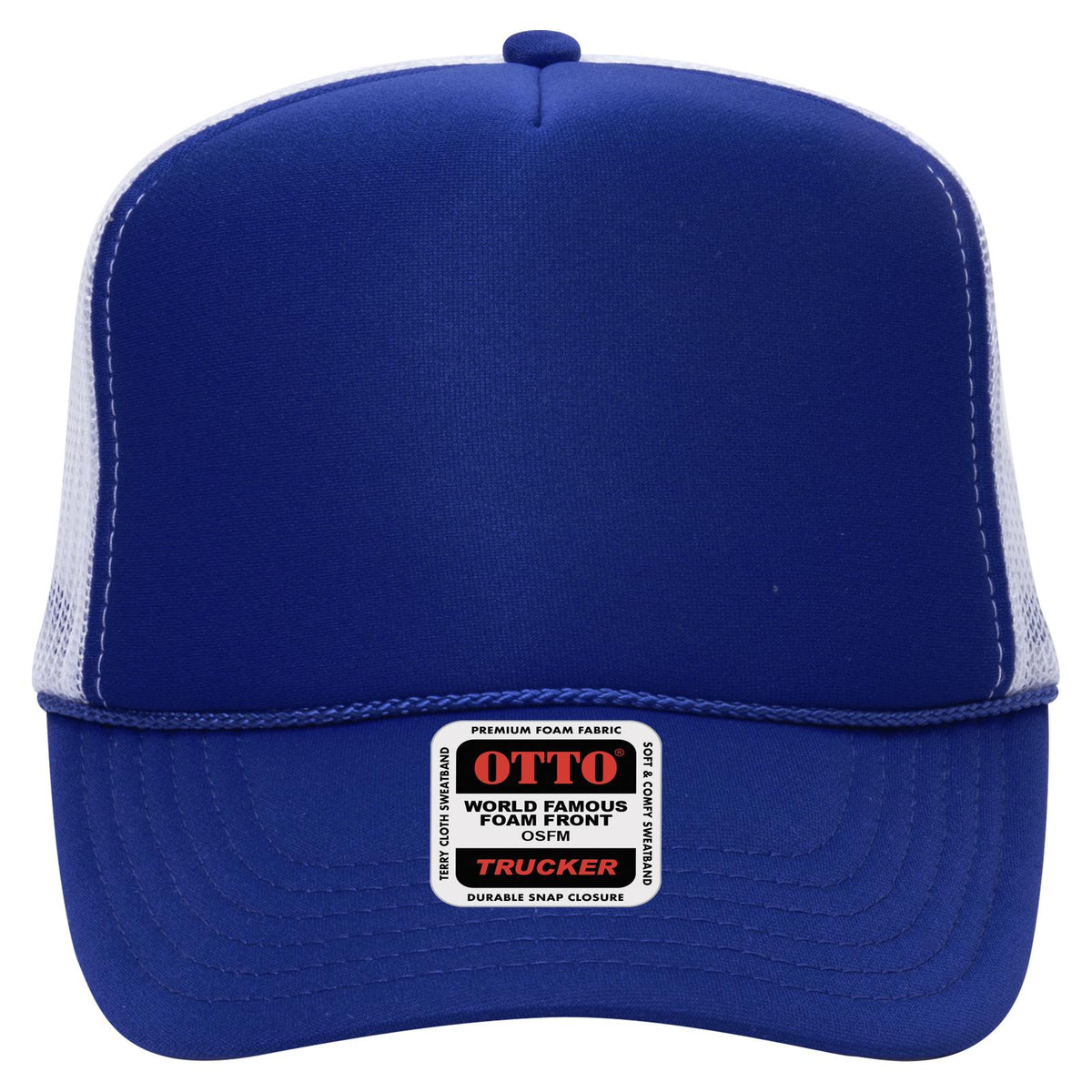 Front View of 010116 - Ryl/Ryl/Wht OTTO CAP 5 Panel High Crown Mesh Back Trucker Hat
