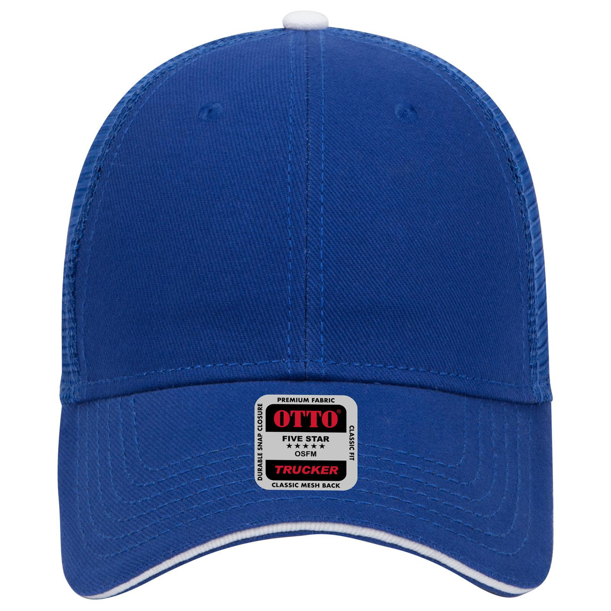 Front View of 010116 - Ryl/Ryl/Wht OTTO CAP 6 Panel Low Profile Mesh Back Trucker Hat