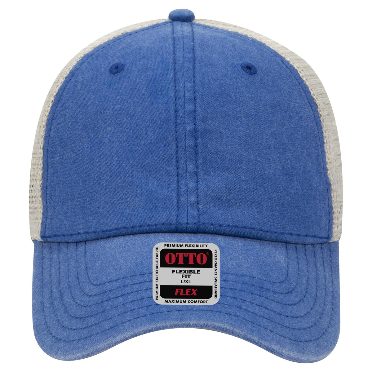 Front View of 010132 - Ryl/Ryl/Kha OTTO CAP "OTTO FLEX" Fitted 6 Panel Low Profile Mesh Back Trucker Hat