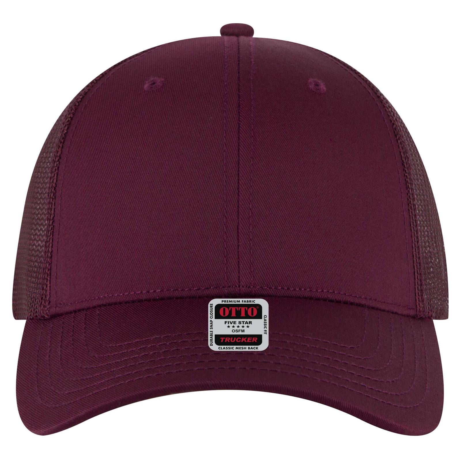 Front View of 010A - Maroon OTTO CAP 6 Panel Low Profile Mesh Back Trucker Hat