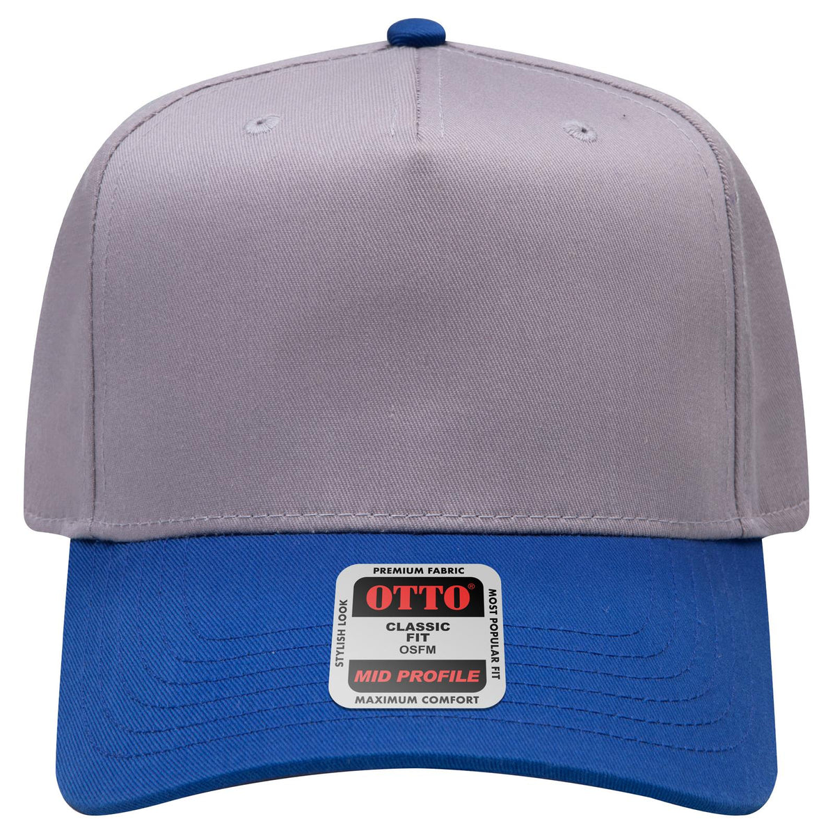 Front View of 0114 - Ryl/Gry OTTO CAP 5 Panel Mid Profile Baseball Cap