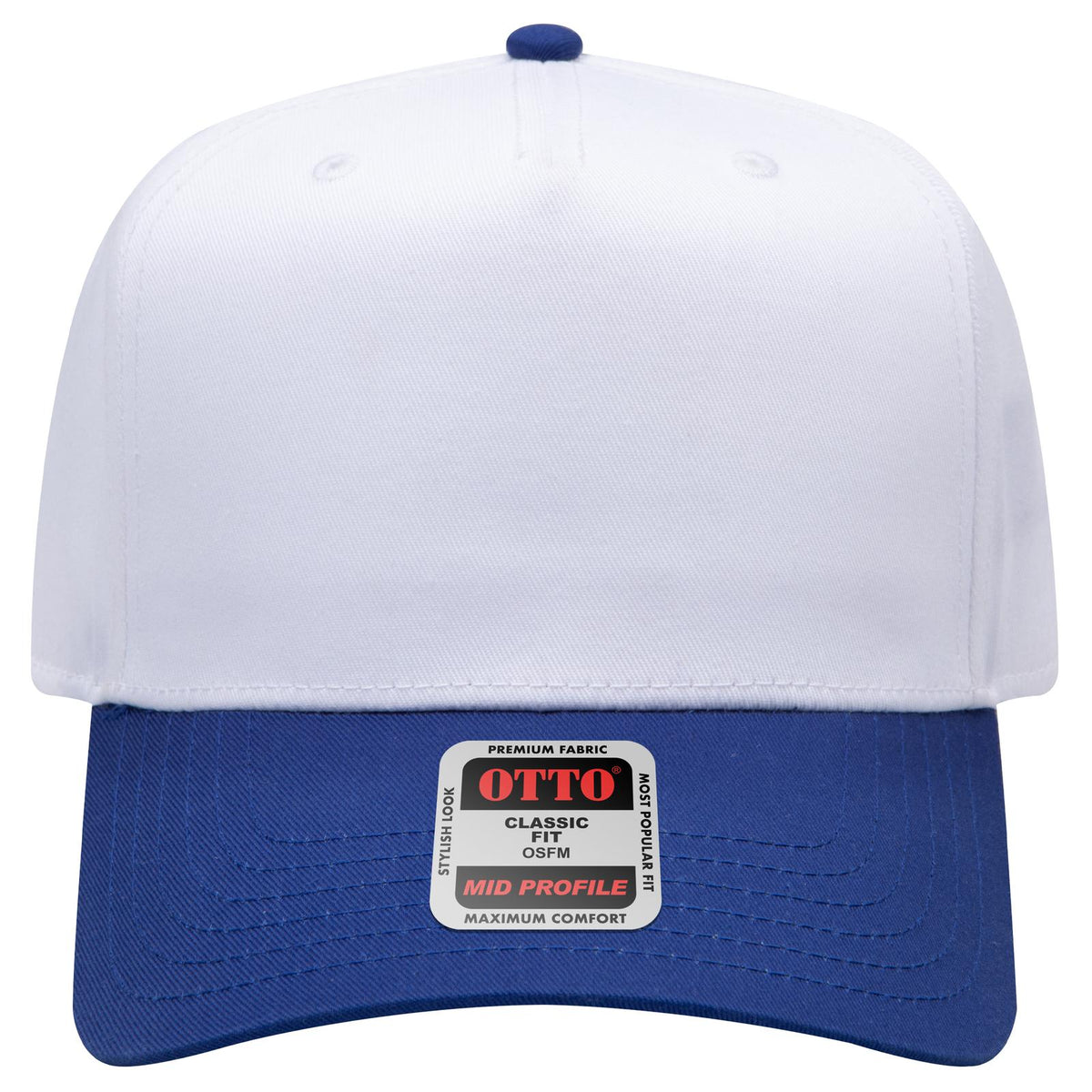 Front View of 0116 - Ryl/Wht OTTO CAP 5 Panel Mid Profile Baseball Cap