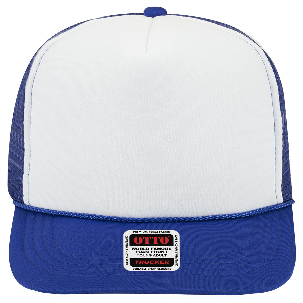 Front View of 011601 - Ryl/Wht/Ryl OTTO CAP 5 Panel High Crown Mesh Back Trucker Hat