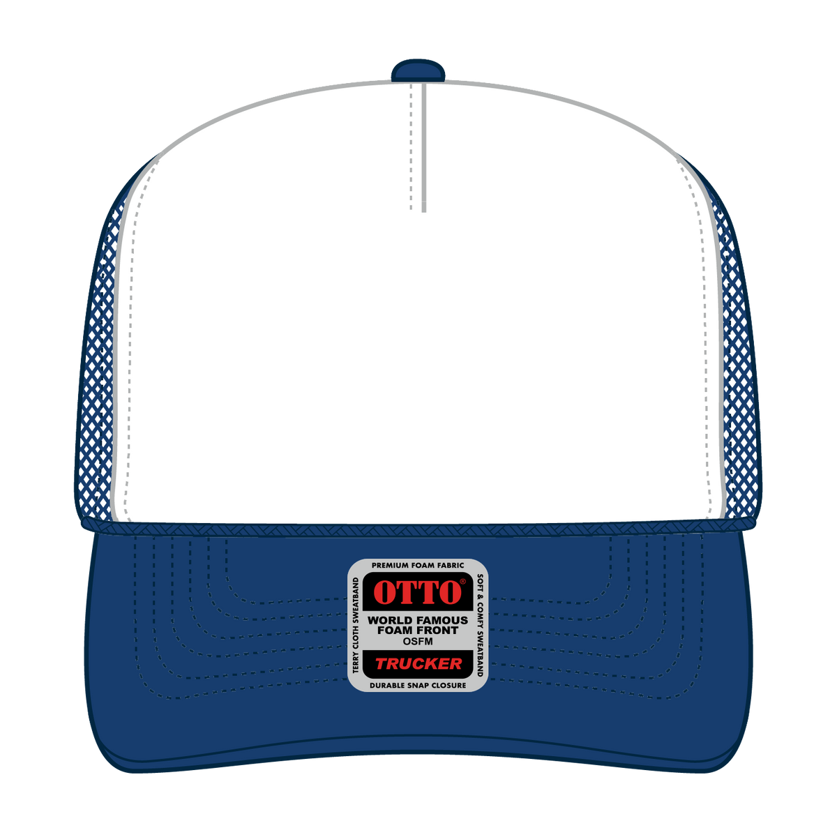 Front View of 011601 - Ryl/Wht/Ryl OTTO CAP 5 Panel High Crown Mesh Back Trucker Hat