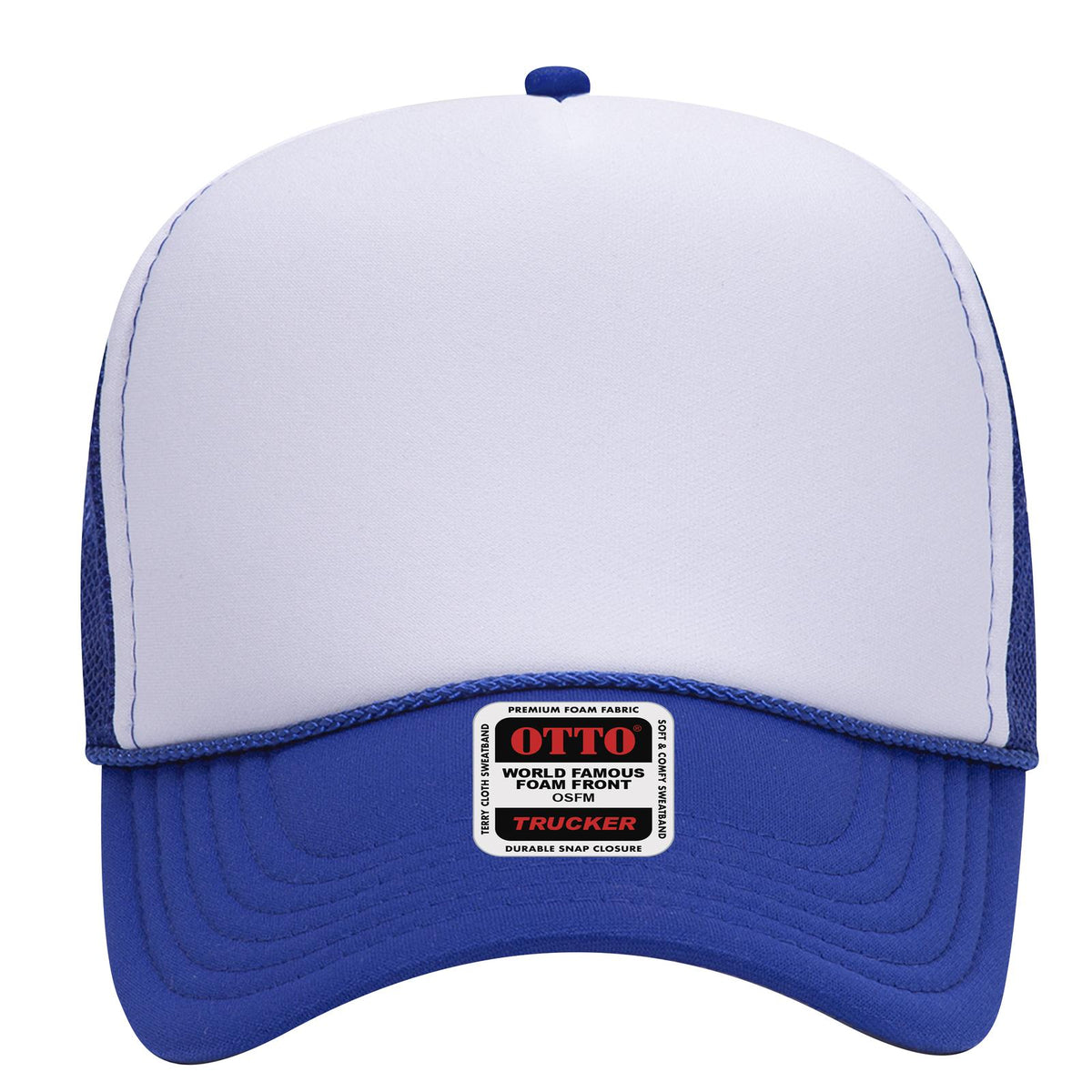 Front View of 011601 - Ryl/Wht/Ryl OTTO CAP 5 Panel Mid Profile Mesh Back Trucker Hat