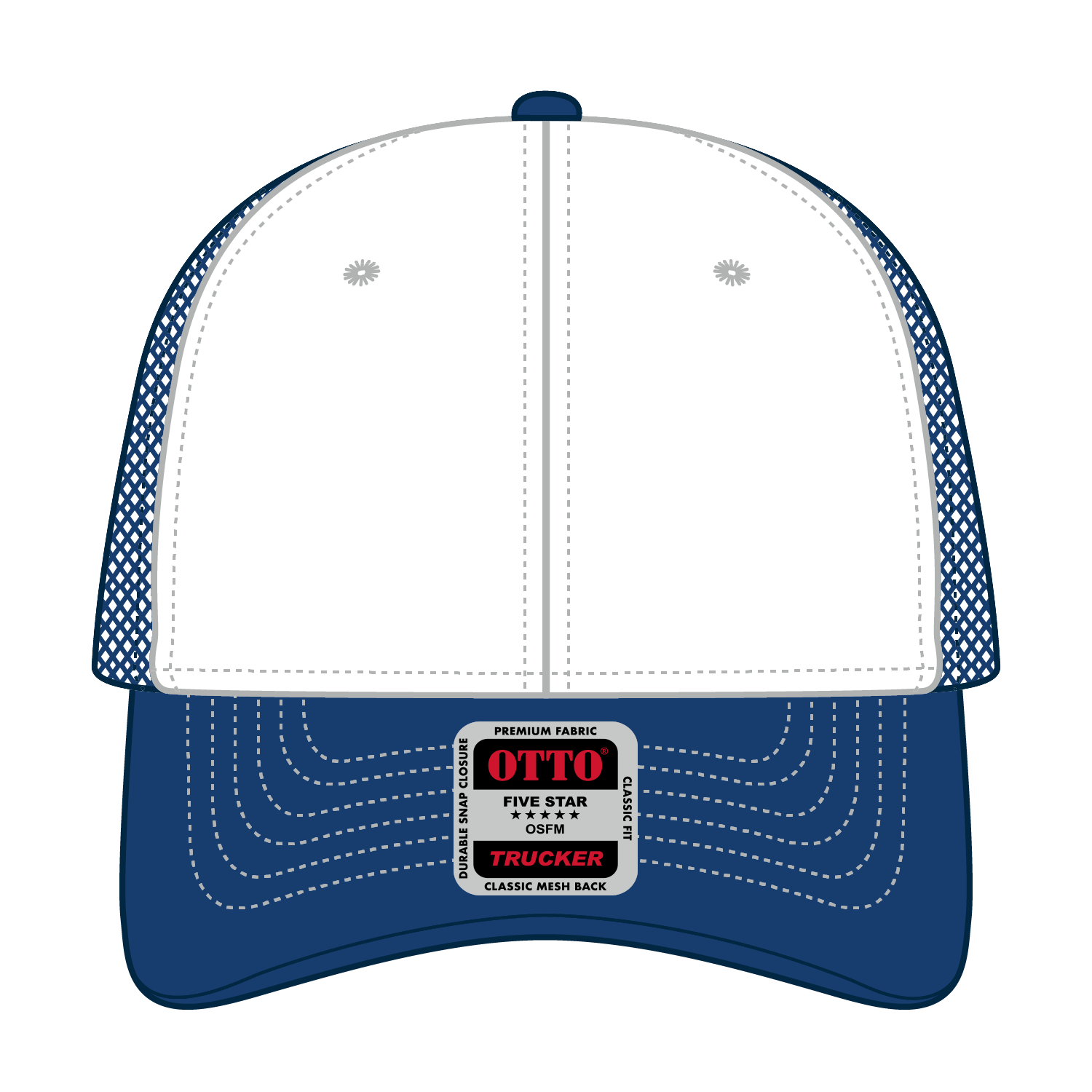 Front View of 011601 - Ryl/Wht/Ryl OTTO CAP 6 Panel Low Profile Mesh Back Trucker Hat