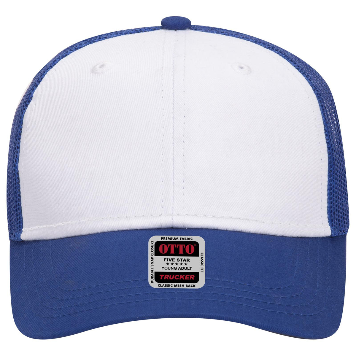 Front View of 011601 - Ryl/Wht/Ryl OTTO CAP 6 Panel Low Profile Mesh Back Trucker Hat