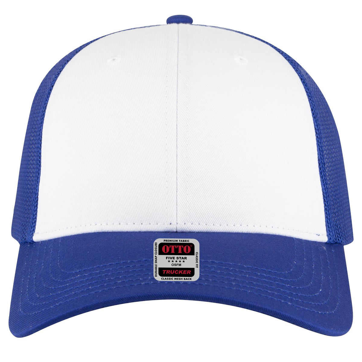 Front View of 011601 - Ryl/Wht/Ryl OTTO CAP 6 Panel Low Profile Mesh Back Trucker Hat