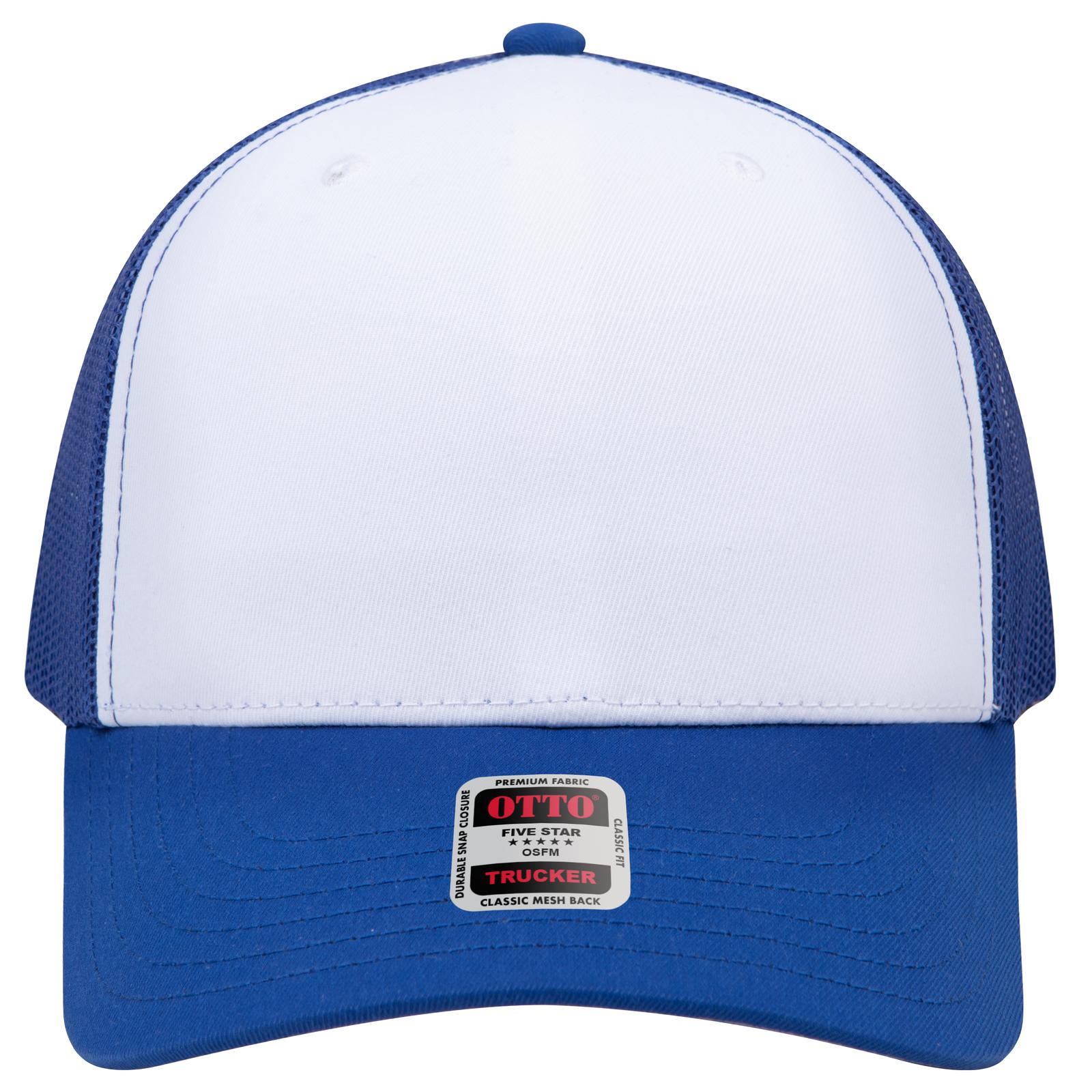 Right View of 011601 - Ryl/Wht/Ryl OTTO CAP Seamless 6 Panel Mid Profile Mesh Back Trucker Hat