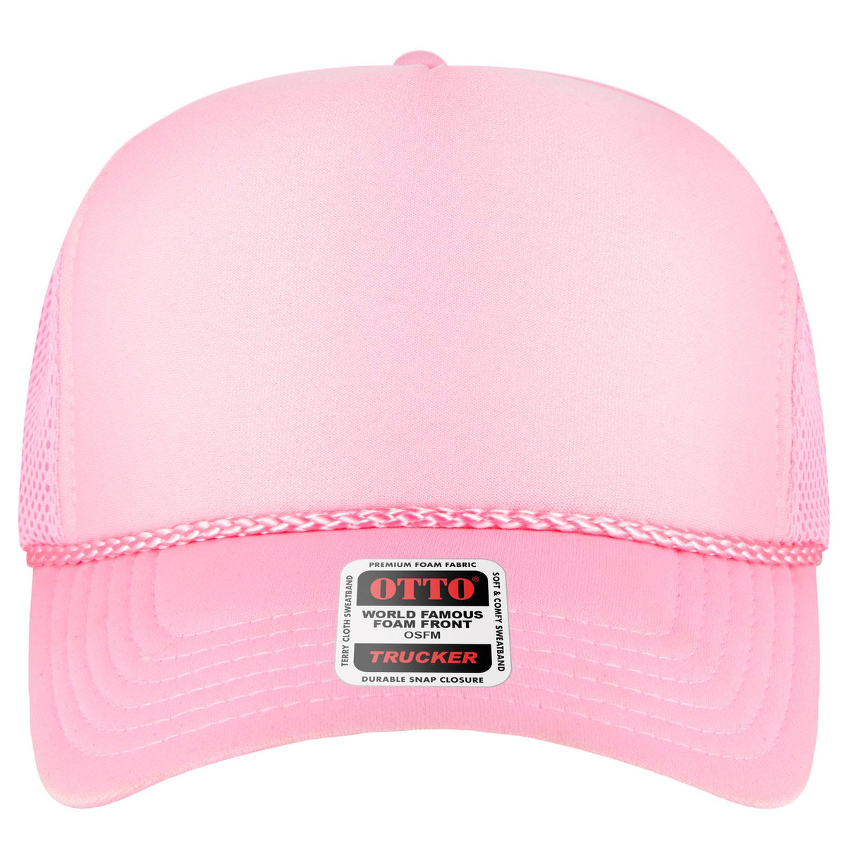 Front View of 012 - Soft Pink OTTO CAP 5 Panel High Crown Air Mesh Back Trucker Hat