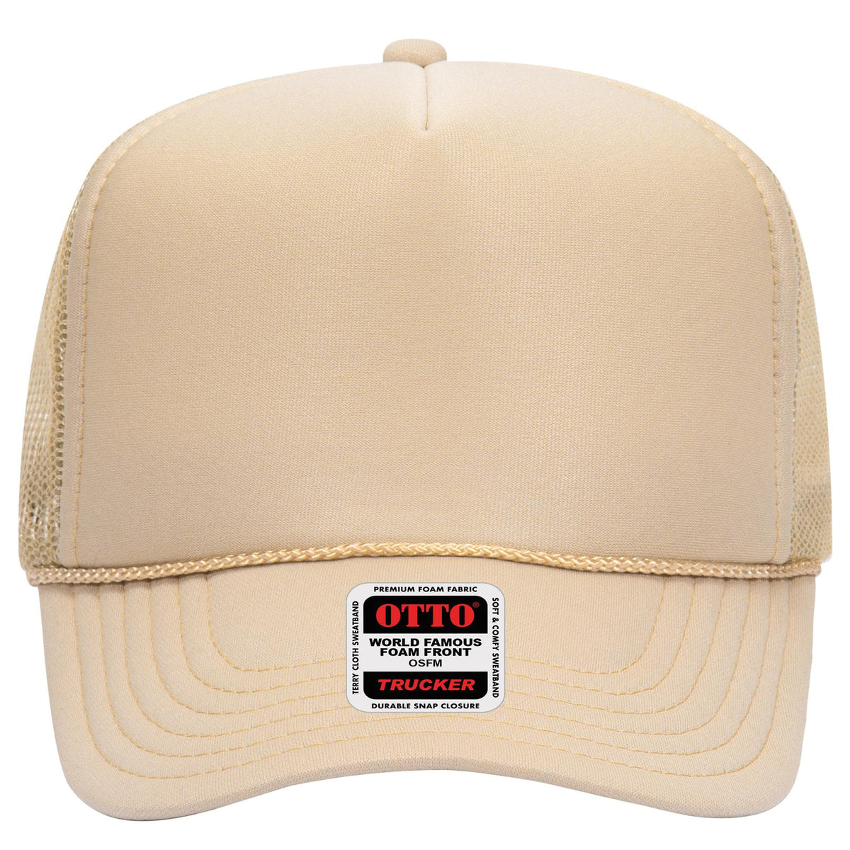 Front View of 015 - Tan OTTO CAP 5 Panel High Crown Mesh Back Trucker Hat