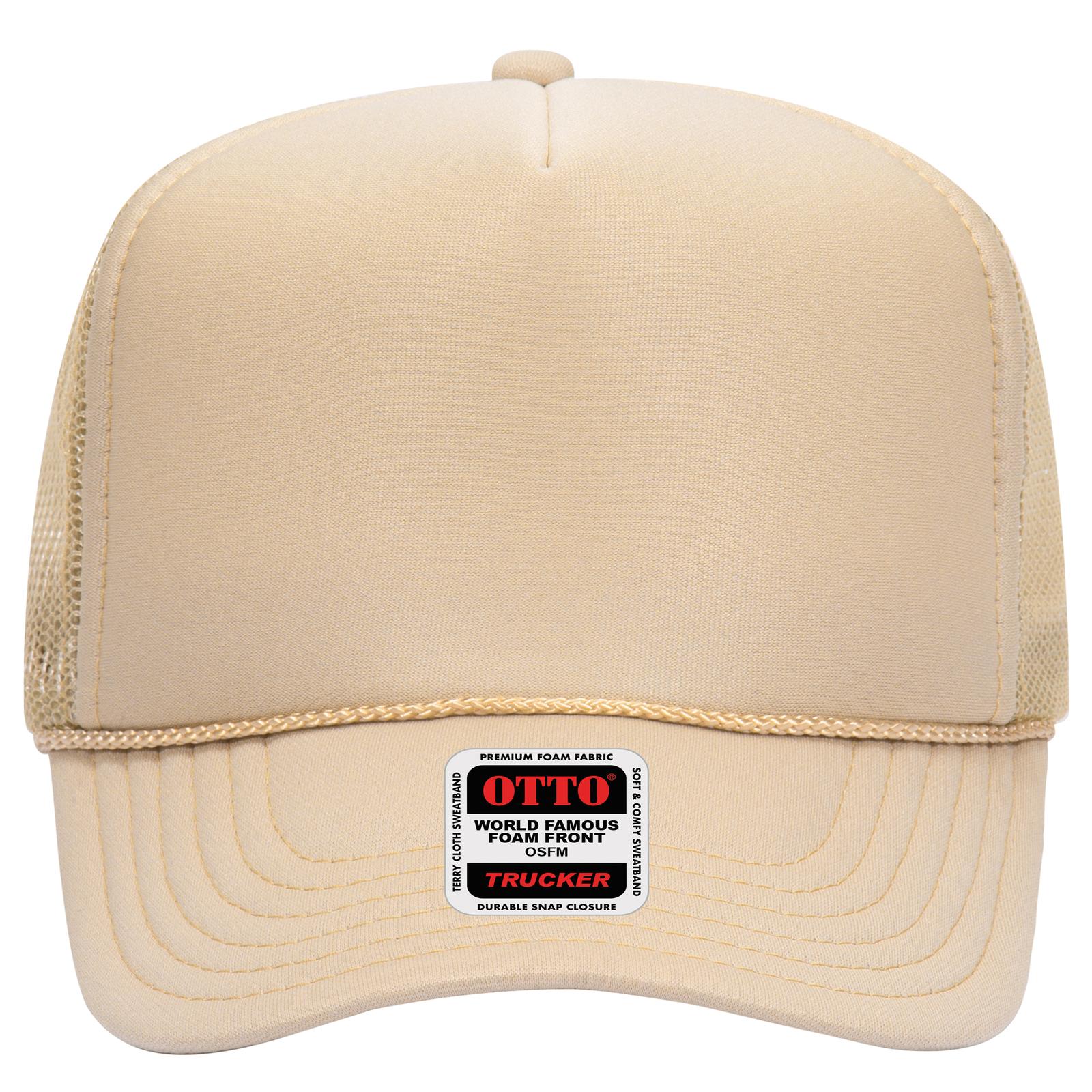 Front View of 015 - Tan OTTO CAP 5 Panel High Crown Mesh Back Trucker Hat