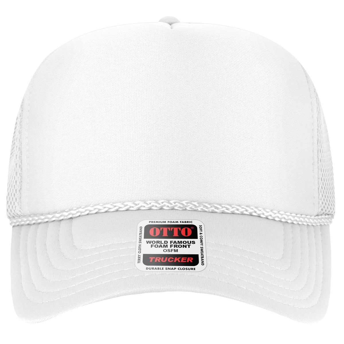 Front View of 016 - White OTTO CAP 5 Panel High Crown Air Mesh Back Trucker Hat