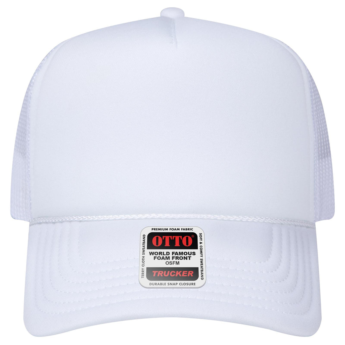 Front View of 016 - White OTTO CAP 5 Panel High Crown Mesh Back Trucker Hat