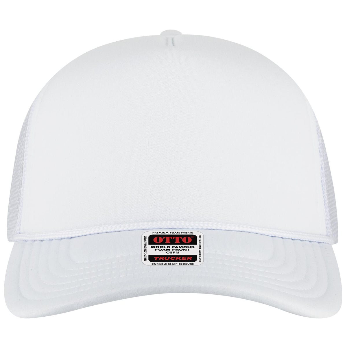 Front View of 016 - White OTTO CAP 5 Panel High Crown Mesh Back Trucker Hat