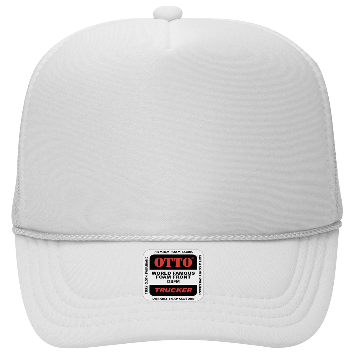 Front View of 016 - White OTTO CAP 5 Panel High Crown Mesh Back Trucker Hat