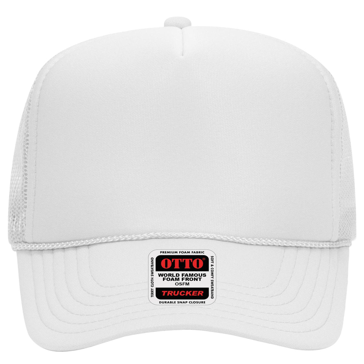 Front View of 016 - White OTTO CAP 5 Panel High Crown Mesh Back Trucker Hat